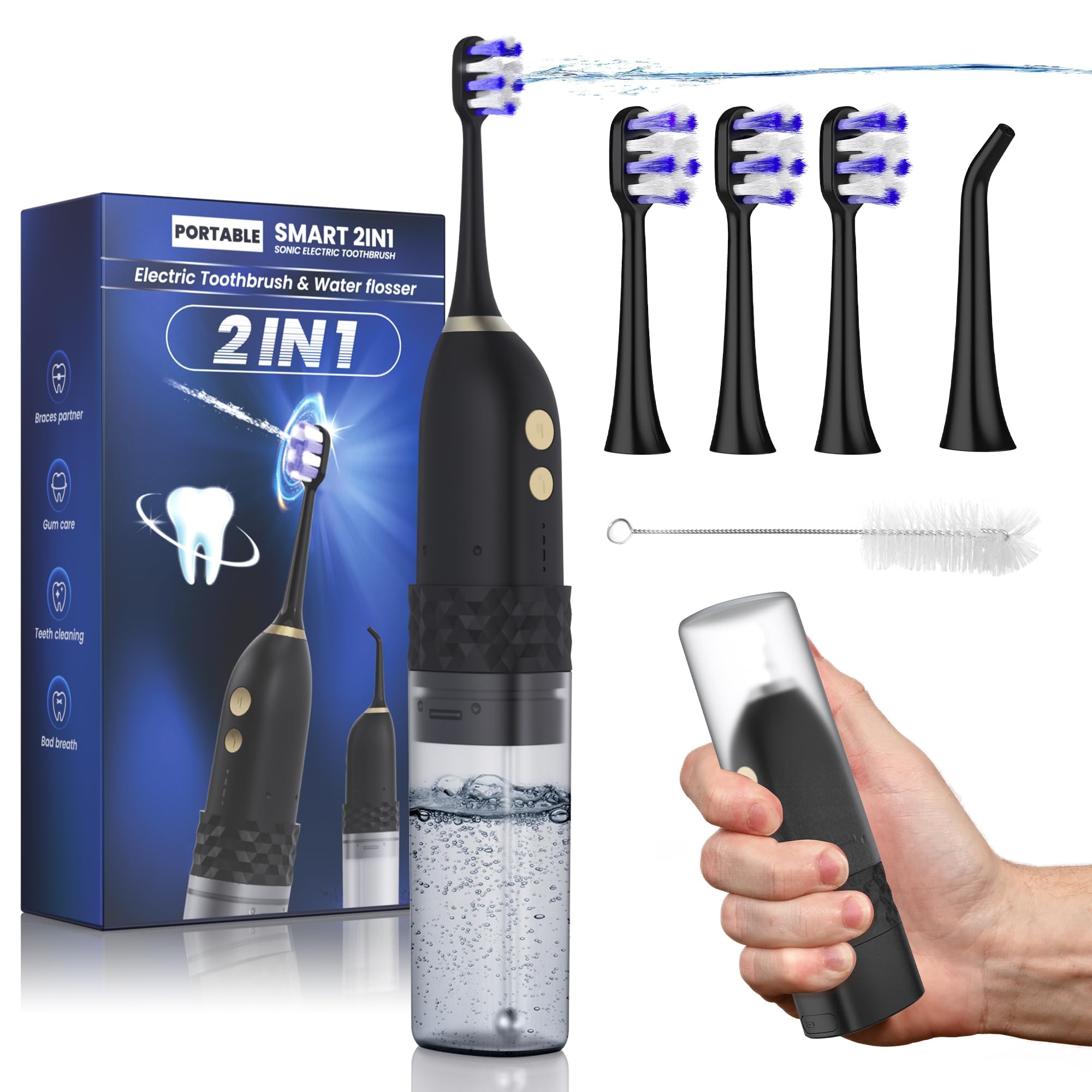 Portable Water flosser with Electric Toothbrush, 2 in 1 Teeth Cleaning Kit, Electric Toothbrush and flosser Combo, Water Flosser for Travel and Home-(Black) Image