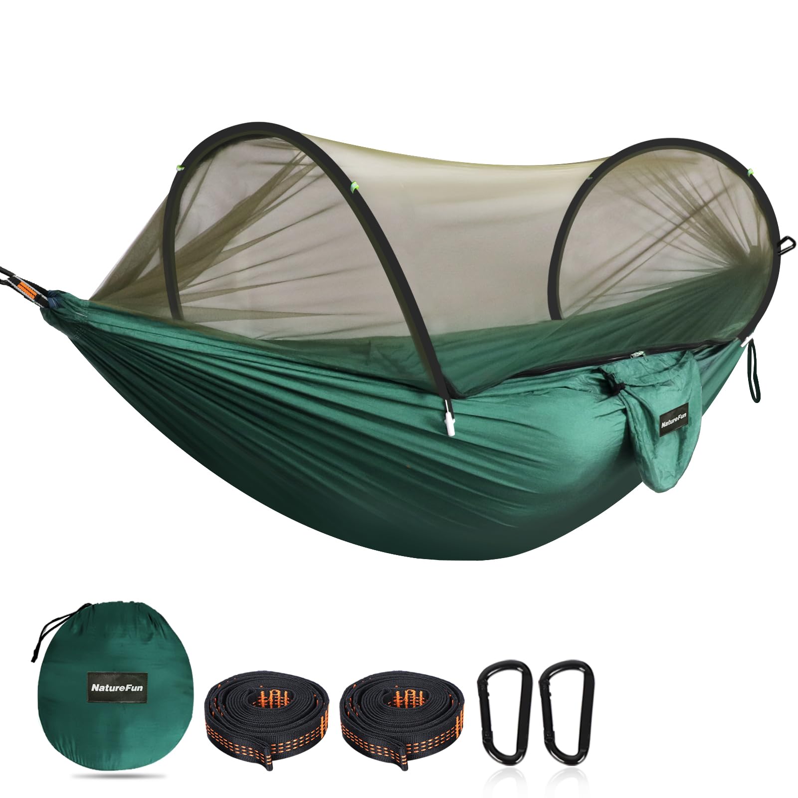 NATUREFUN Ultra-Light Travel Camping Hammock Pop-up Bug Net Hammock 300kg Load Capacity,Breathable,Quick-drying Parachute Nylon 2 Premium Carabiners,2 Tree Slings Included Outdoor Backpacking Hiking