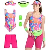 TobWeaL Womens 80s Workout Costume Outfit 80s 90s Accessories Set - Leotard Neon Halloween Cosplay Set.