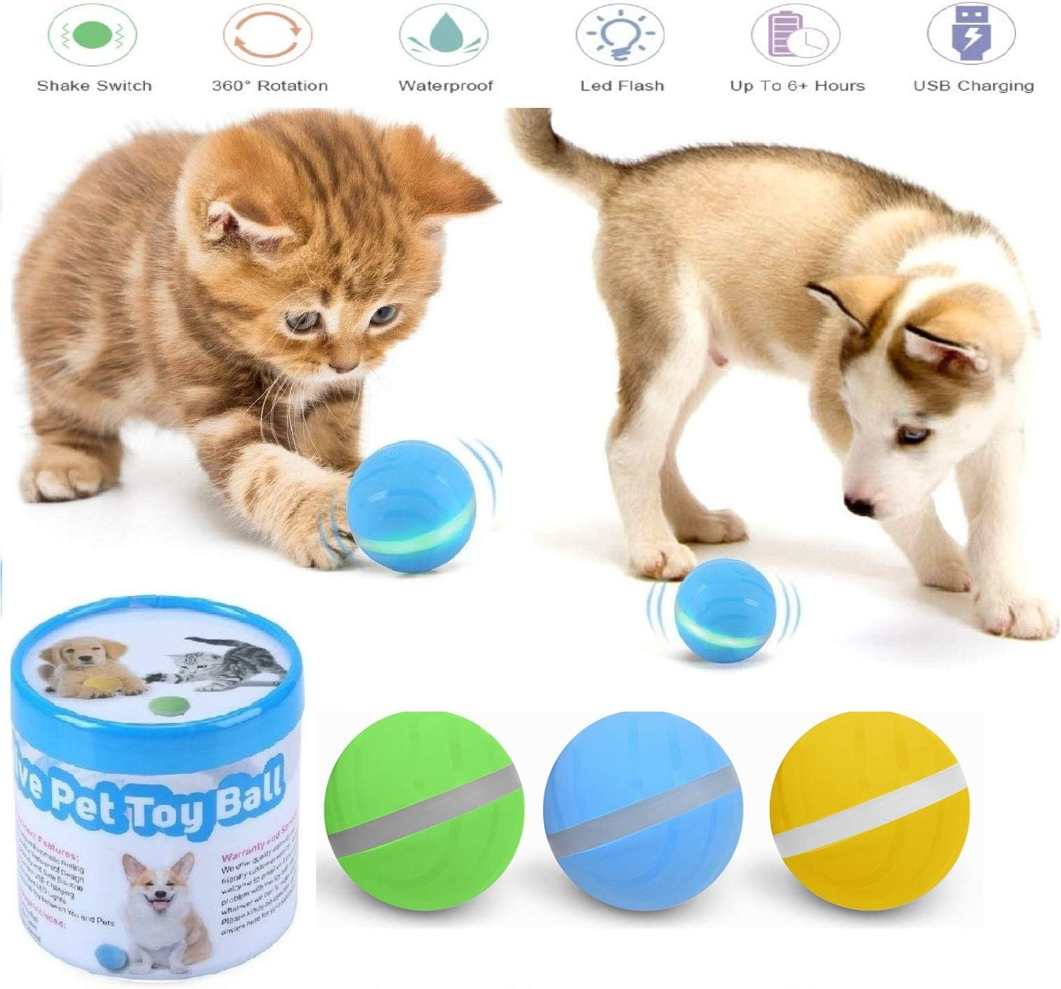 KIOPS Pet Automatic Rolling Ball, 3 Speed Mode, LED Light Up Dog Toy Ball for Boredom, USB Chargeable Waterproof Interactive Pet Toy Ball, Silicone Cat Activity Ball for Carpet and Wooden Flooring