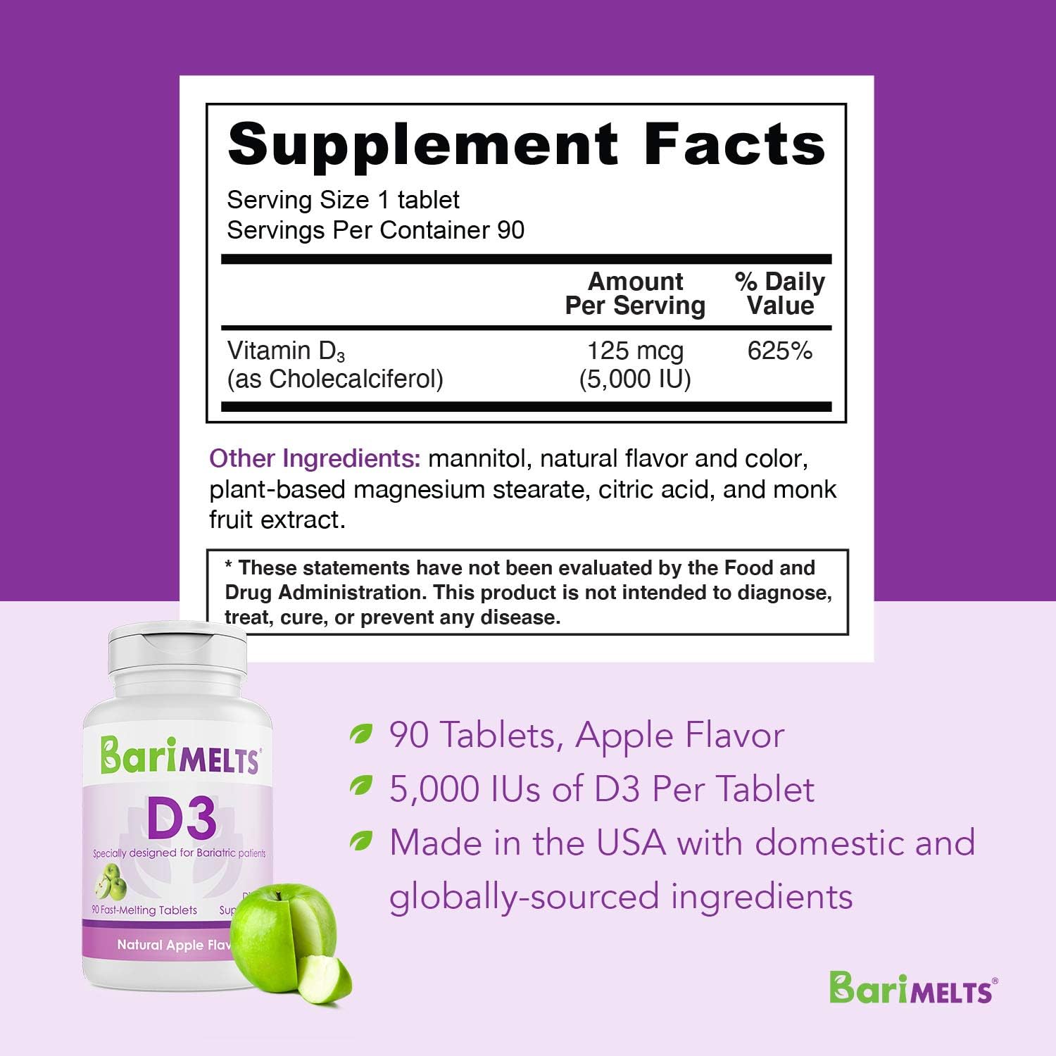 BariMelts D3, Dissolvable Bariatric Vitamins, Natural Apple Flavor, 90 Fast Melting Tablets: Health & Personal Care