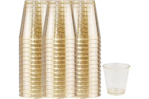 WELLIFE 200 PACK Plastic Gold Glitter Shot Cups, 2OZ Disposable Shot Glasses,Small Hard Plastic Tumblers,Gold Tasting Sampling Cups,Premium Mini Container Perfect for Whiskey for Party