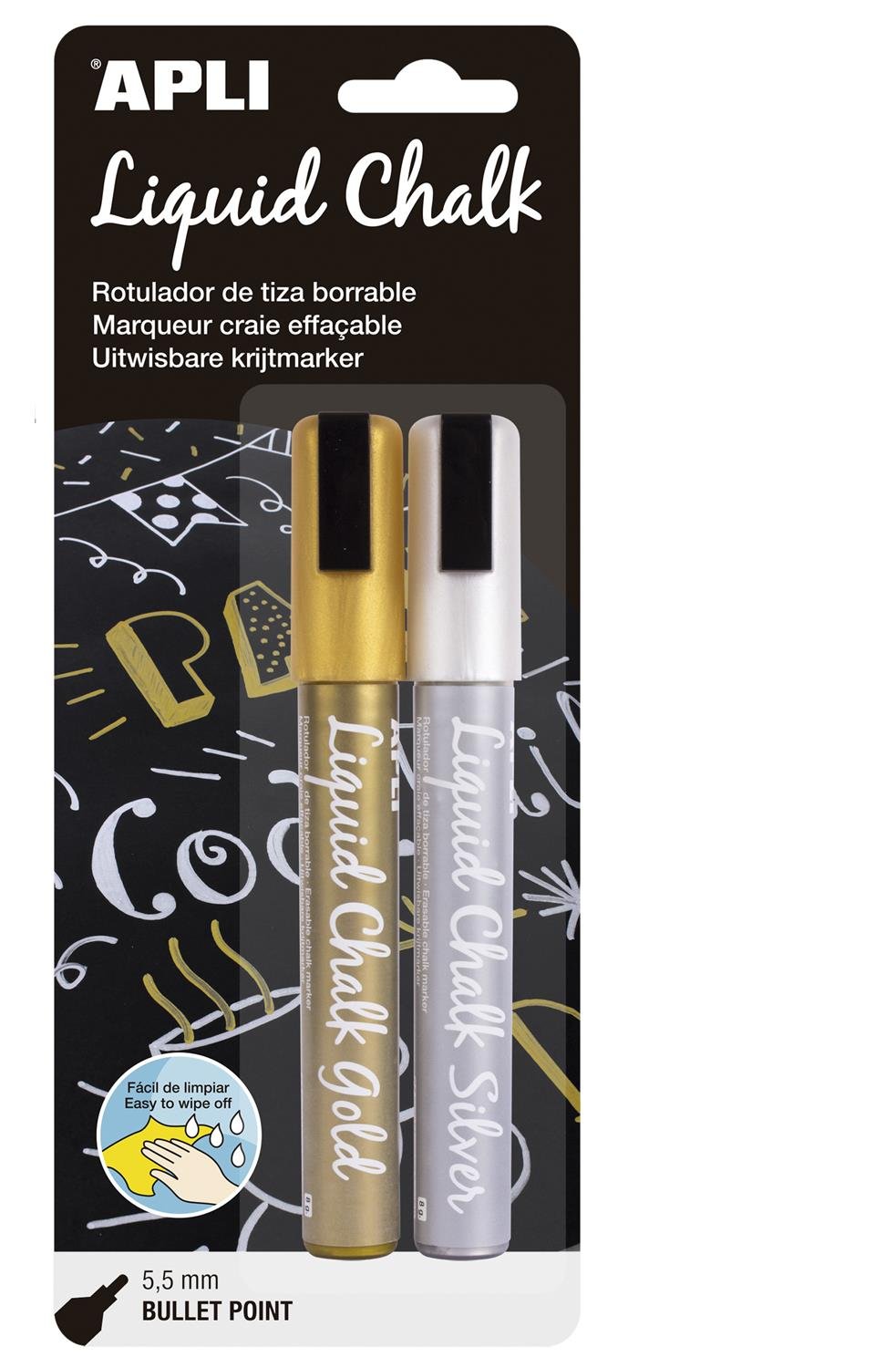 Apli 14847 – 2 Liquid Markers – Can be Used on Green Boards, Windows, Slate – Erasable with a Wet Cloth – Round Tip 5.5 mm – Gold/Silver