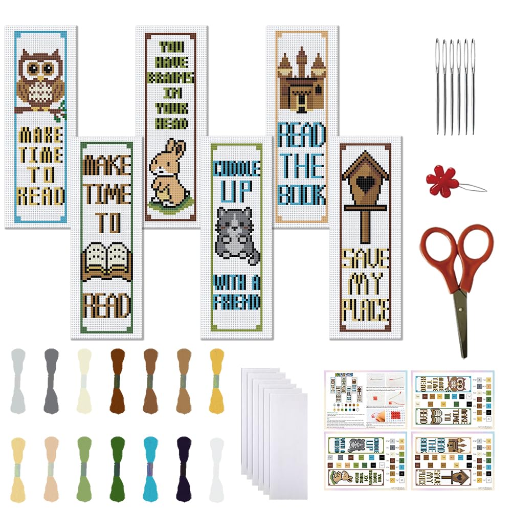 FREEBLOSS 6 Set Cross Stitch Bookmark Kits Cartoon Animals and Words Design Hand Embroidery Kit for Beginners Counted Cross Stitch Kit Kit Full Cross Stitch Embroidery Kit for Women Hobby 22 * 8cm