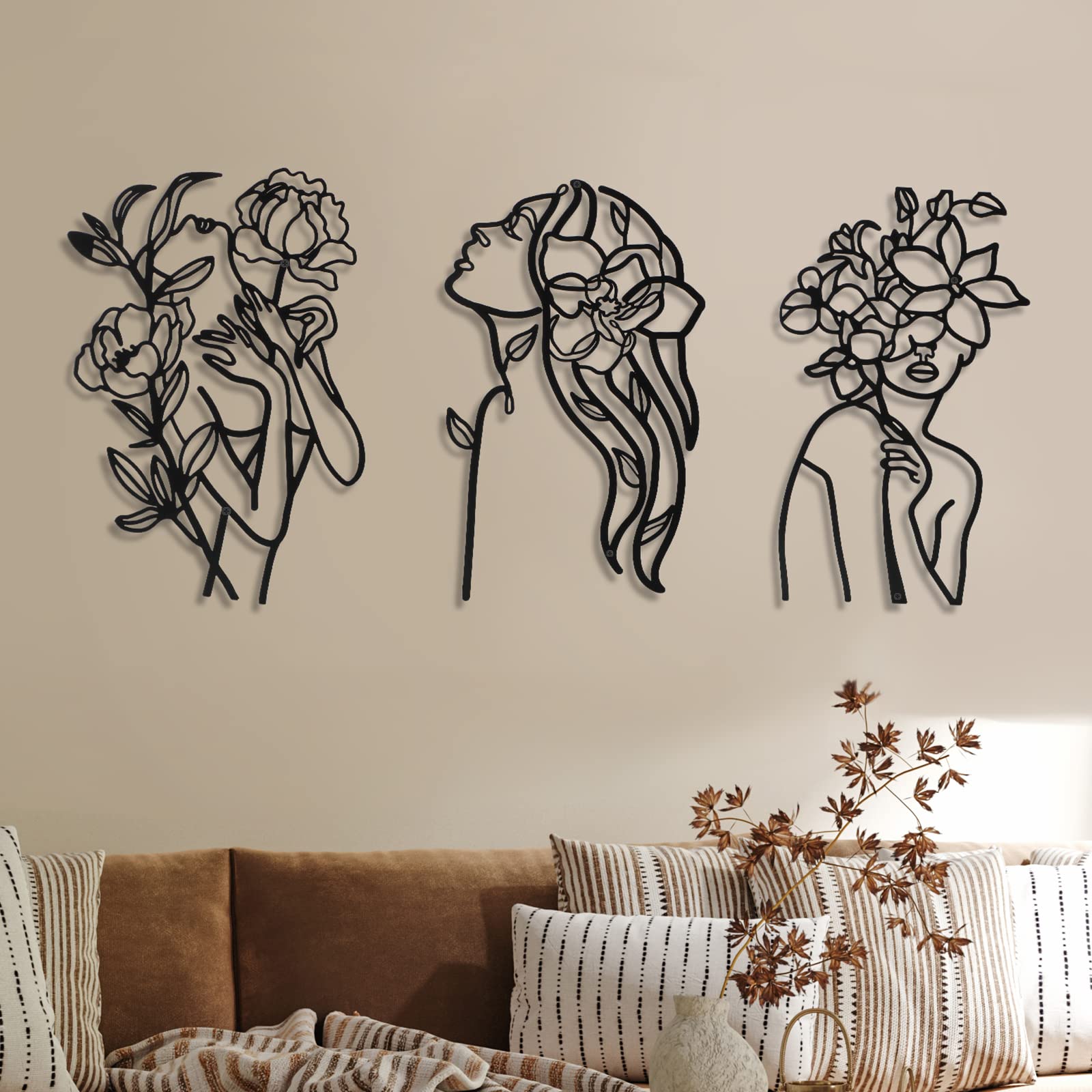 3 Pieces Metal Wall Art Decor Minimalist Abstract Woman Wall Art Modern Line Drawing Wall Art Decor Metal Female Single Line Wall Home Hanging for Bedroom Kitchen Bathroom Living Room (Black, Elegant)