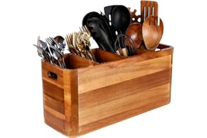 LIBERAL BRIGHTDEER Wooden Kitchen Utensil Holder Organizer for Counter or Countertop, Large Wooden Utensil Holder for Storage Cooking and Silverware with 4 Compartment, Acacia Rustic Wood Container Extra Large