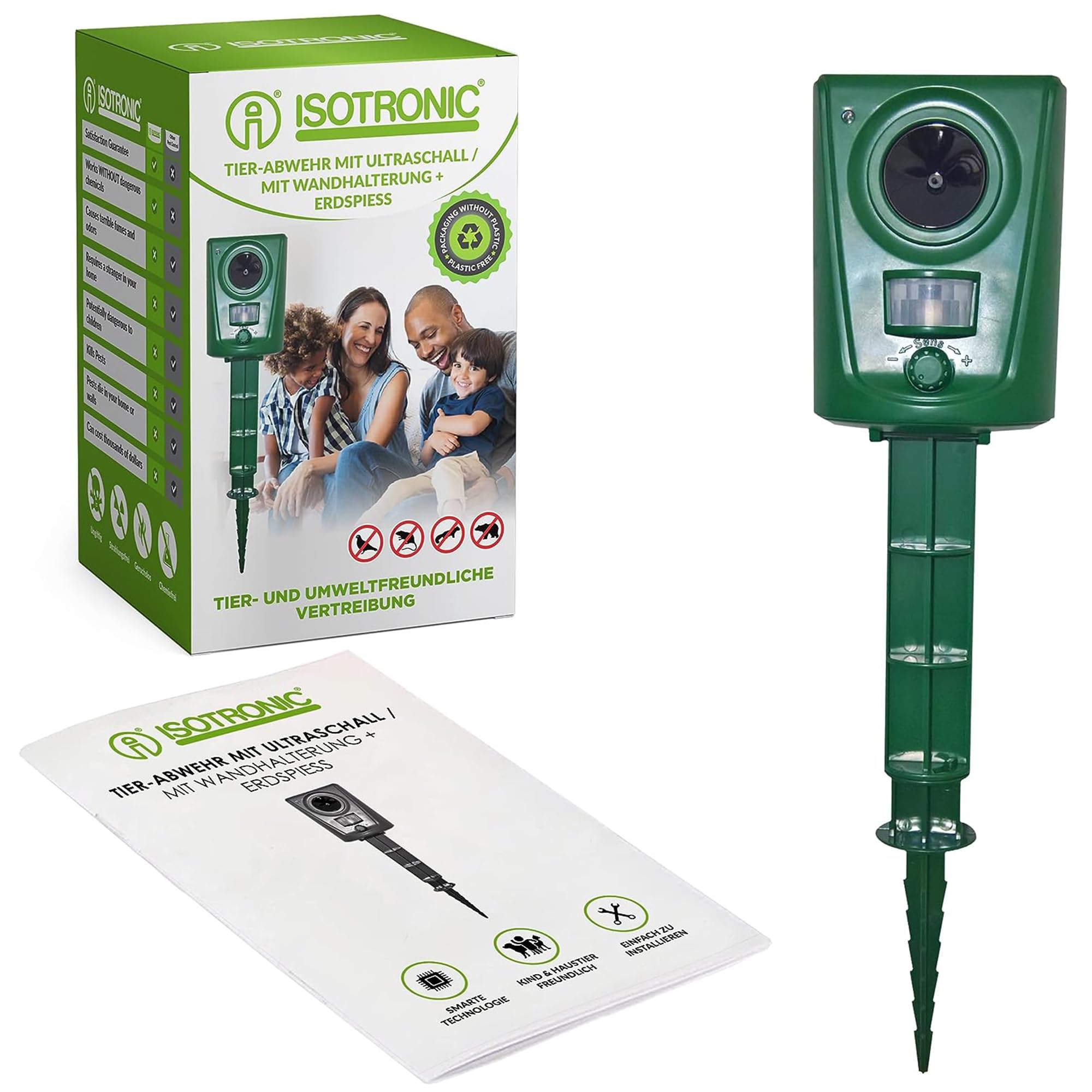 ISOTRONIC® Ultrasonic Animal repeller device, waterproof, acoustic Deterrent against Wildlife, Rodents, Birds, Dogs and Cats - Set of 1 Pcs.