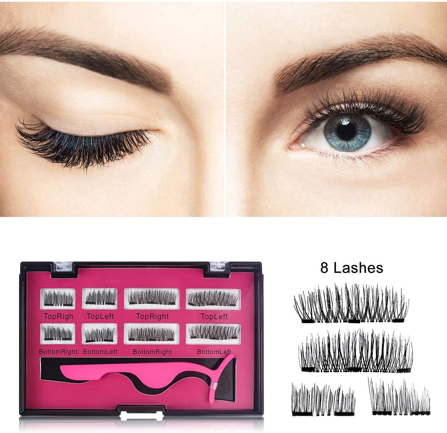 Dual Magnetic Eyelashes, Lypumso 2 Pairs 3D Magnet Eyelash Set Artificial Eyelashes Natural Appearance 3 Magnets, Double Magnetic False Eyelashes +Tweezers, 8 Pieces (2 Pairs) (JJM-2)