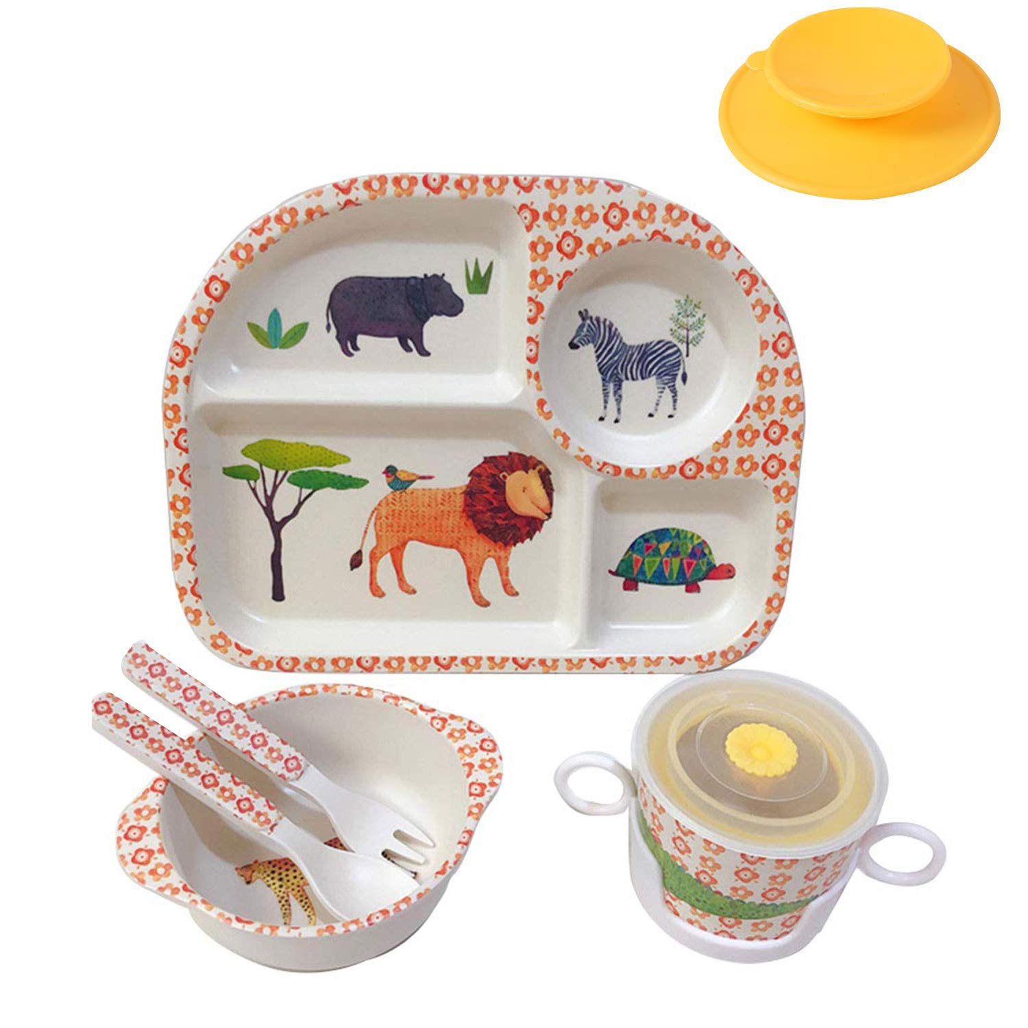 Photo 1 of shopwithgreen 7Pcs/Set Bamboo Kids Dinnerware Set - Children Dishes - Food Plate Bowl Cup Spoon Fork Set Dishware, Cartoon Tableware, Dishwasher Safe Kids Healthy Mealtime, BPA Free