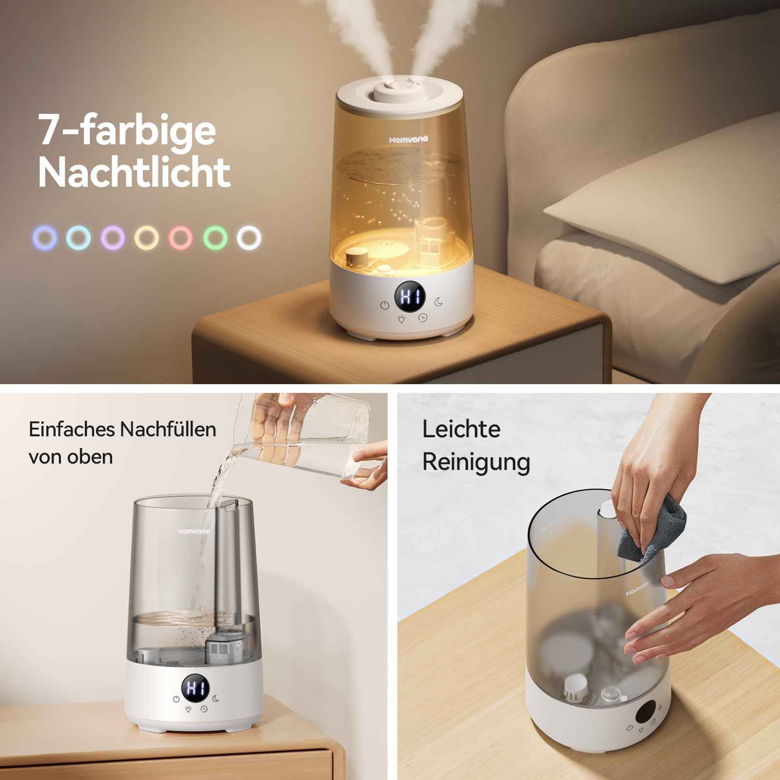 Homvana Luftbefeuchter Schlafzimmer Top-Fill, 3.6L 360°Cool Mist 34H Dauerhaft, Ruhig 16dB (SilentSpary Tech) Klein, Kinderzimmer Baby, BPA Free, Aromadiffusor für Pflanzen 7-Color Night Light
