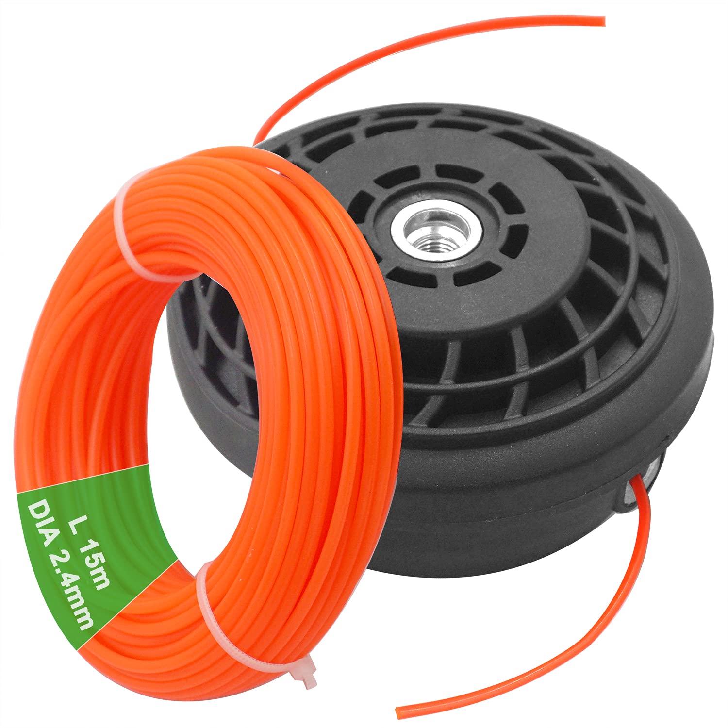 Zeqeey M10 x 1.25 Strimmer Left Thread Head, Replacement Grass Trimmer Head with 15m 2.4mm Round Nylon String Wire Cord for Garden Lawn Patio Strimmer Spool