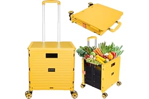 SELORSS Foldable Utility Cart Portable Collapsible Crate Rolling Carts with Wheels Rolling Tote Basket Teacher Cart with Lid Wear-Resistant 360°Rotate Wheel Noiseless for Shopping Storage Office Use