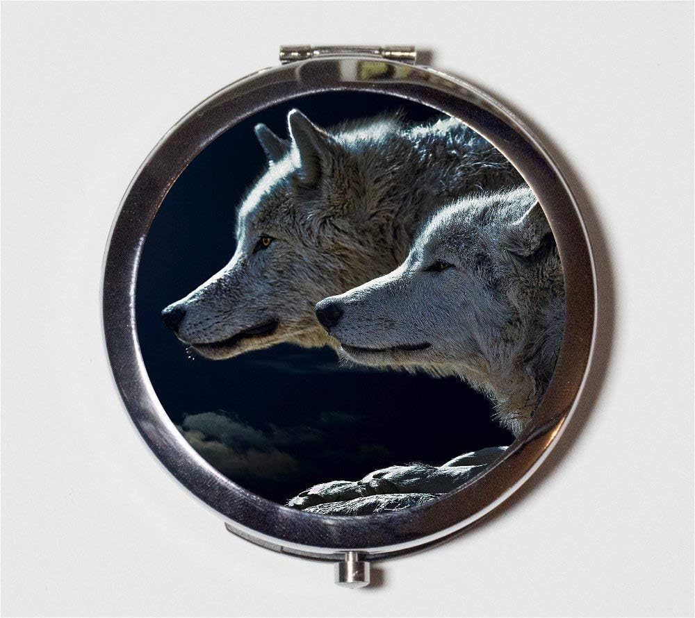 Wolf Compact Mirror 2 Wolves Animal Photography Pocket Size for Makeup Cosmetics