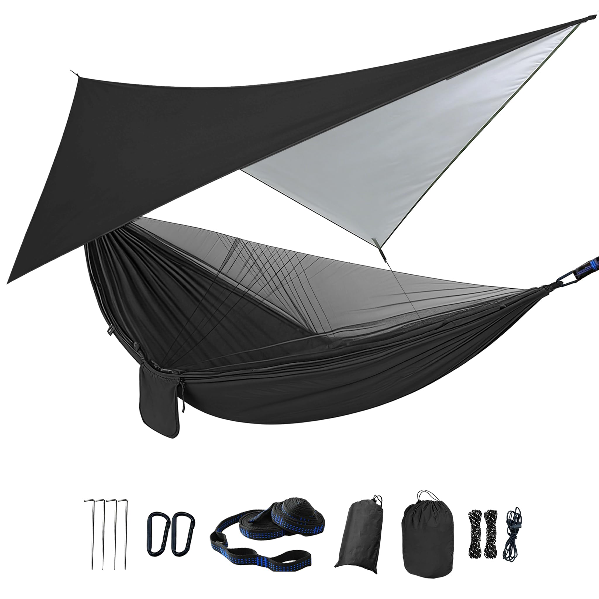 Camping Hammock with Mosquito Net Rain Fly Heavy Duty Tree Strap Portable Single Double Parachute Hammocks Tent Waterproof Rainfly Set for Camping Patio Backpacking Outdoor Hiking Travel