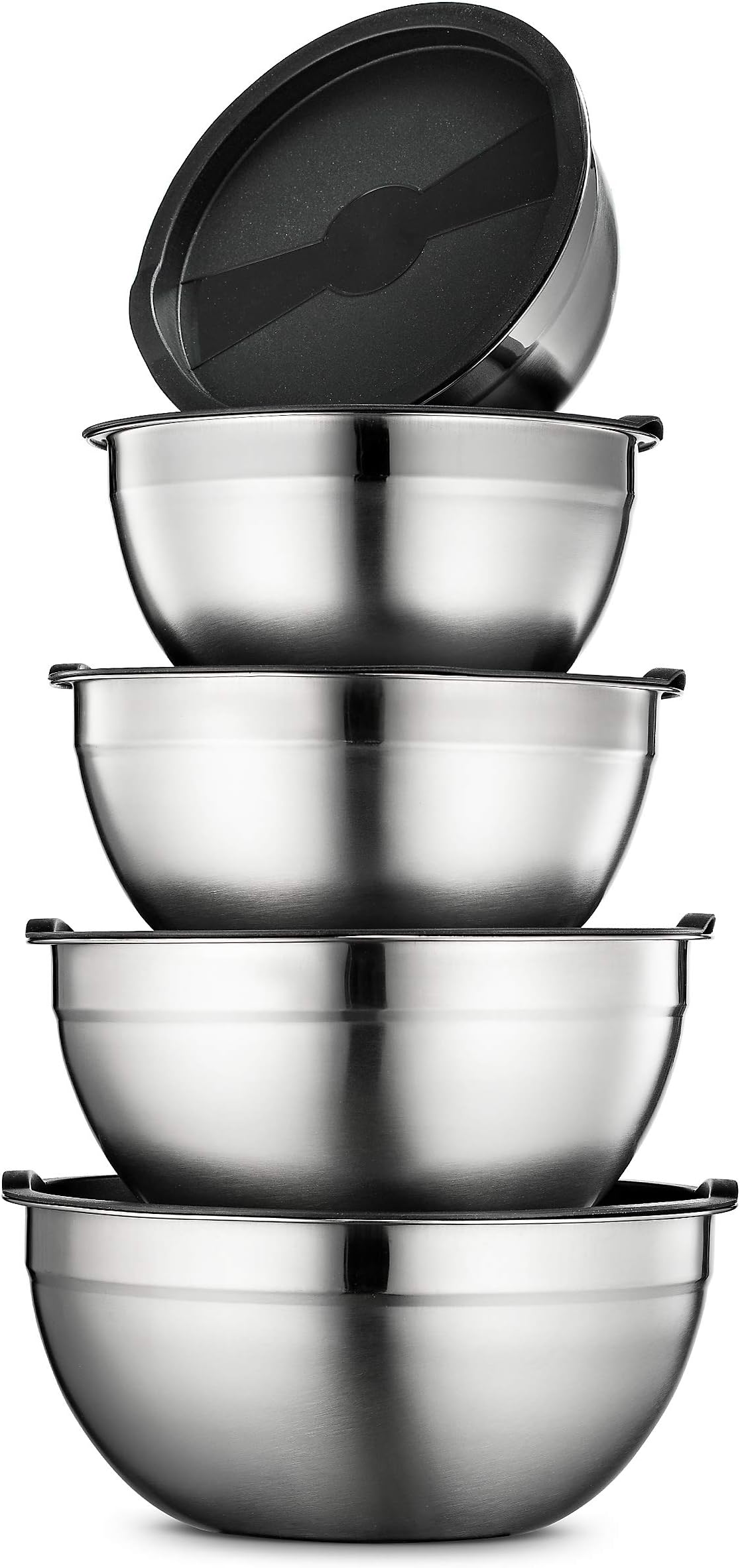 Klee 5-Piece Stainless Steel Stackable Mixing Bowls with Airtight Lids, Set of 5 (Black)