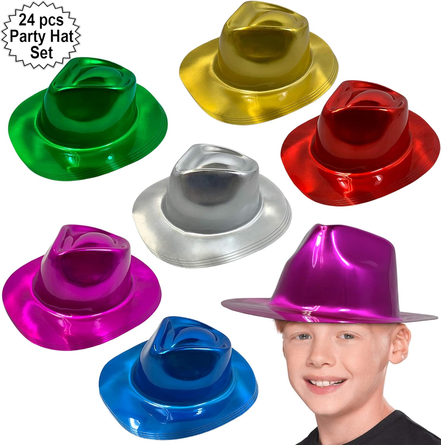 Anapoliz Party Gangster Hats 24 pcs | Metallic Assorted Colors, Plastic Fedora Party Hats for Kids, Adults | Costume, Dress Up, Photo Booth Parties: Clothing