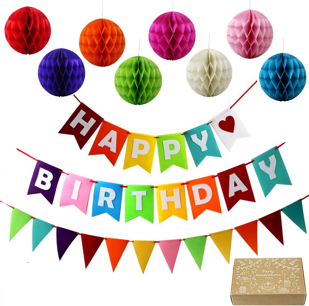 JUSLIN Birthday Party Decorative Banner & 8 Colorful Flower Balls for Birthday Party Decorations
