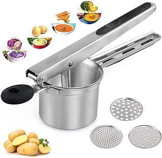 Ballery Kartoffelpresse aus Edelstahl, Spätzlepresse mit 3 Lochscheiben, Professionelle Kartoffelpresse Edelstahl rostfrei für Kartoffelpüree, Obstsäfte, Gemüsebrei - Silber