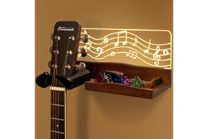 Guitar Wall Mount with LED Light, Auto Lock Guitar Hanger with Shelf and Pick Holder, Wood & Acrylic Light Up Guitar Holder W