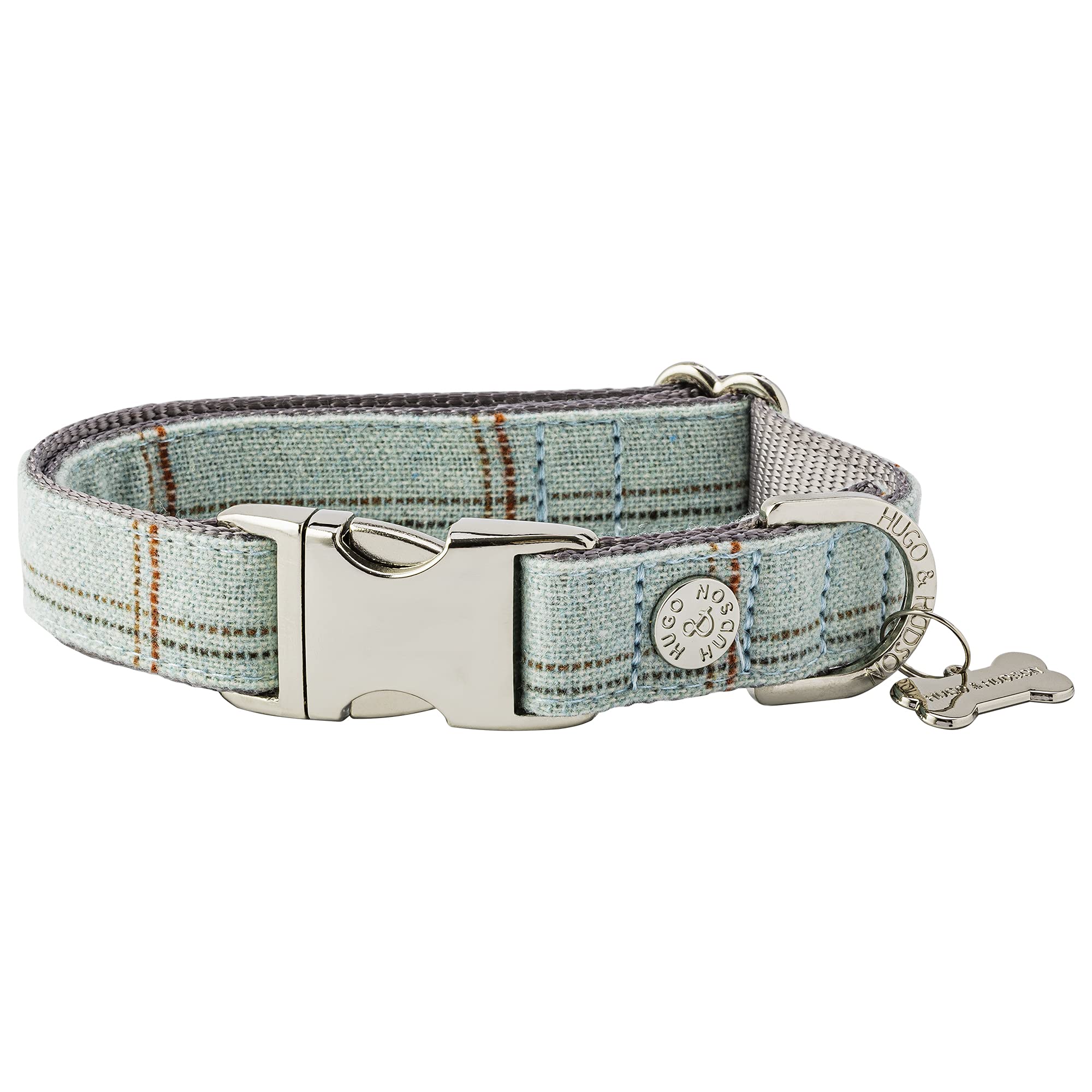 HUGO & HUDSON Tweed Dog Collar, Adjustable Quick Release Safety Metal Buckle, Aqua Checked, XS