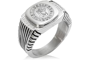 Tioneer Stainless Steel Mayan Calendar Rune CZ Ribbed Needle Stripe Pattern Biker Style Polished Ring