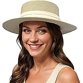 Lanzom UPF50+ Women Wide Brim Straw Panama Sun Hat Boater Summer Beach Sun Hat