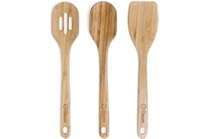 Chef Pomodoro Wooden Cooking Utensils Set 3-Piece, Bamboo | Large 12.5-Inch Wooden Spoons for Cooking, Spatula, Slotted Spoon
