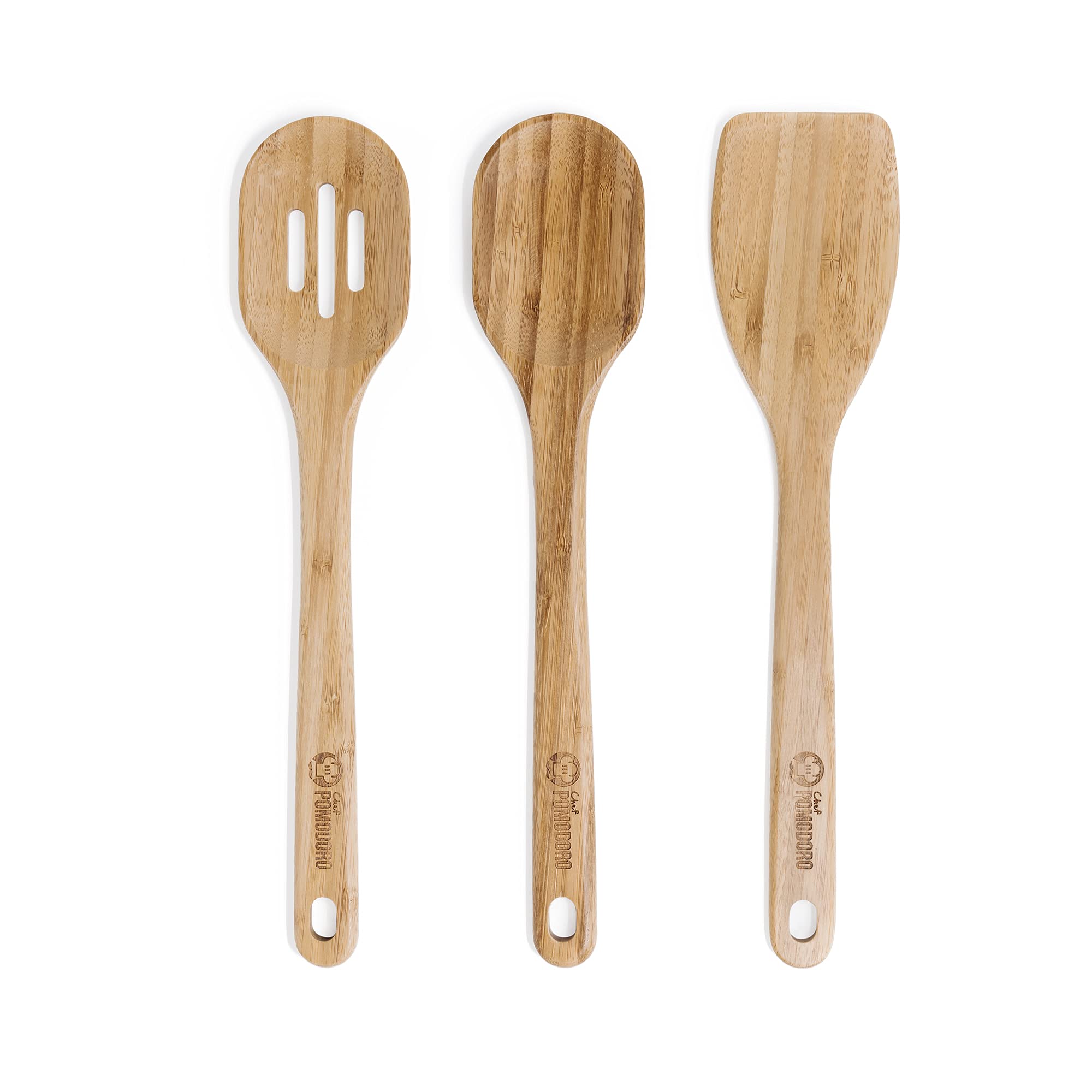 Chef Pomodoro Wooden Cooking Utensils 3-Piece Set, Wooden Cooking Spoons, Bamboo | Large 31 cm / 12.5-Inch Spatula, Spoon, Slotted Spoon | Pan Kitchen Frying Set