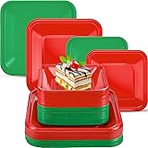 Sliner 50 Pcs Christmas Red Green Plastic Disposable Plates Bulk 6.9'' and 9.5'' Square Dinner Dessert Plates for Events Picnic Salad Cake Appetizer Christmas Birthday Party Supplies