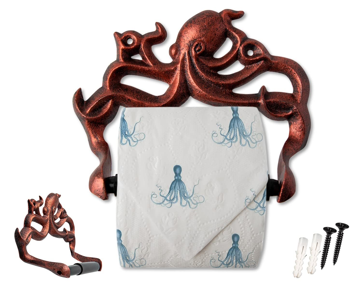 Decorative Cast Iron Octopus Toilet Paper Roll Holder – Wall Mounted Octopus Décor for Bathroom – Kraken, Nautical Bathroom Accessory – Easy to Install w/included Screws and Anchors - Copper & Black