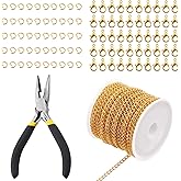 Rustark 102Pcs 4mm 30 Feet Gold Jewelry Making Chains Kit Thin Necklace Bracelet Chain Twisted Links Curb Chain with Jump Rings Lobster Clasps and Pliers for Bracelet Necklace Jewelry Making
