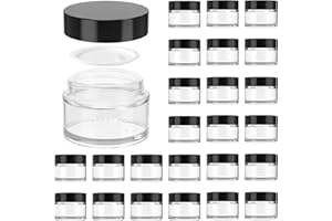 11 HOA KINH 1oz Glass Jar with Lid, Hoa Kinh 40 Pack Clear Round Containers Cosmetic Glass Jars with Inner Liners and Black Lids Travel Jars for Storing Lip and Body Scrub, Lotion, Body Butter, Bath Salts, Liquid
