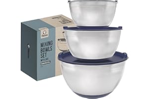 Chef Pomodoro Stainless Steel Mixing Bowl Set, Metal Mixing Bowls with Lids Set, Non-Slip Silicone Base, Nesting Bowls - 3 Piece (1.5 Qt, 3 Qt, 5 Qt), Mixing Bowls for Kitchen, Salad, Baking (Navy)