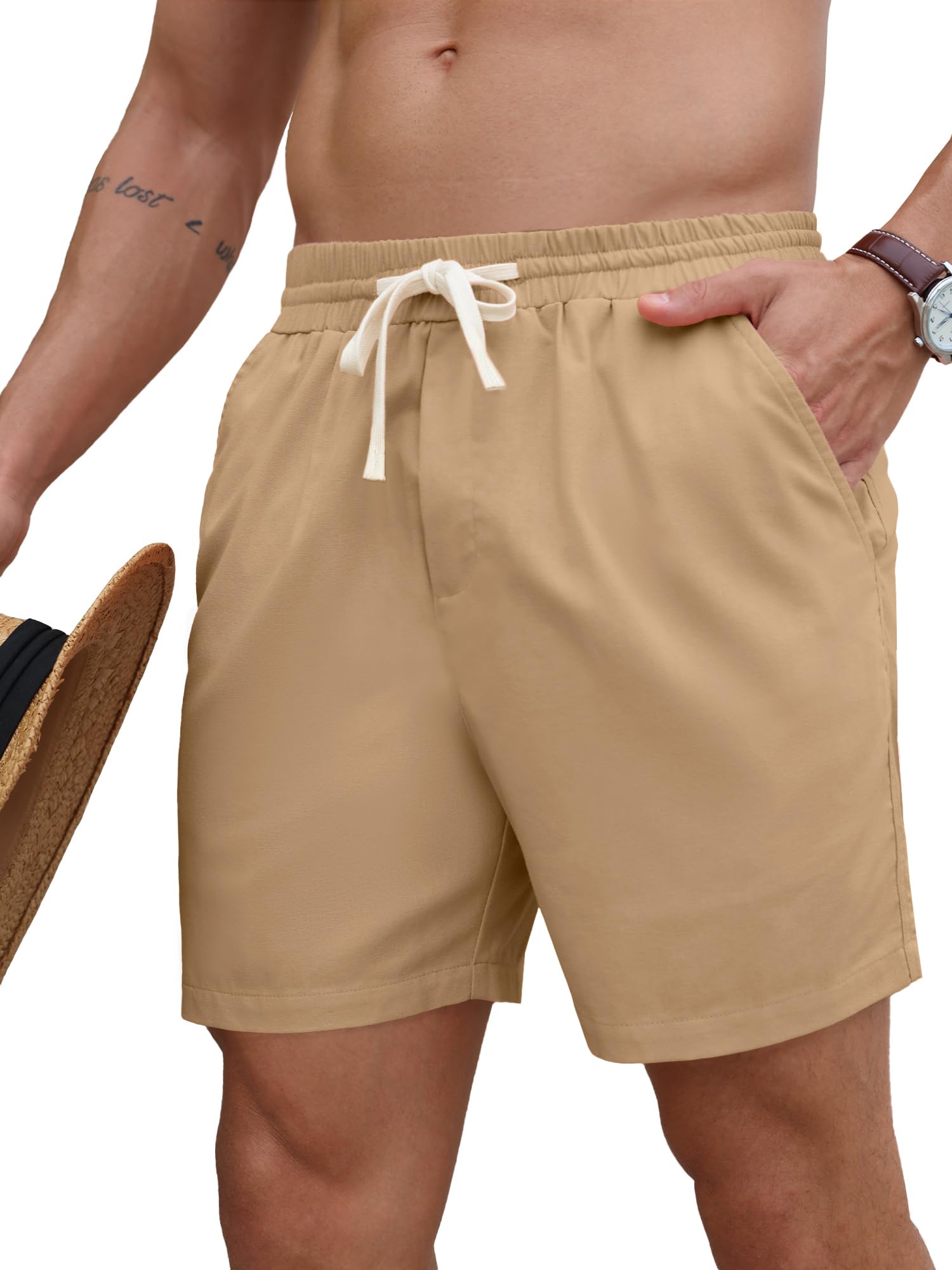 Photo 1 of ***RUNS BIG*** PLEPAN Mens 5 Inch Linen Shorts - Casual Elastic Waist Drawstring Summer Beach Shorts with Pocket Dark Khaki Medium
