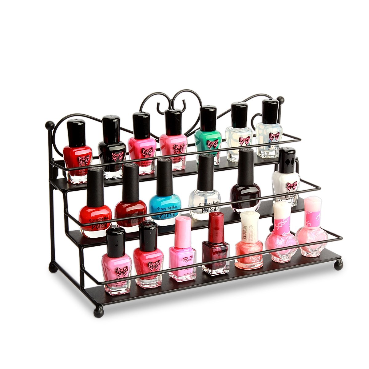P&B Metal Nail Polish Wall Mounted Shelf Display Rack 3 Tiers Nail Polish Storage Organiser Lipstick Stand Hold 30 Bottles (Black)