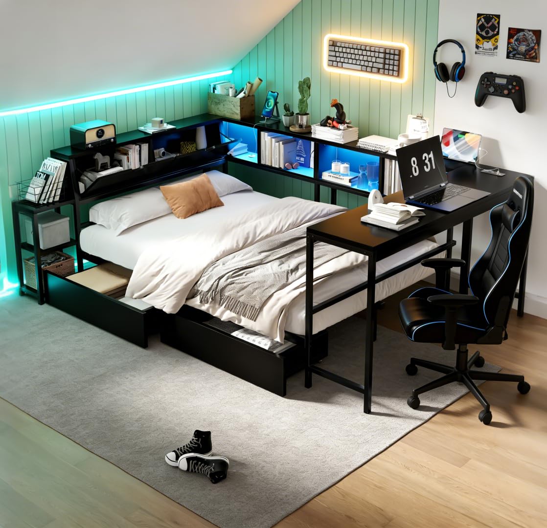 Photo 1 of ***UPDATED 4/25***Bellemave Full Corner Bed Frame with Desk and Storage, Full Captains Bed with Charging Station and LED Light, Wood Daybeds with L-Shaped Bookcase and 2 Drawers, Black