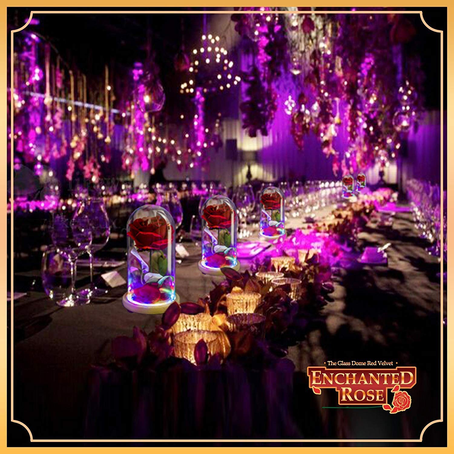 jiabang Red Velvet Rose Colorful Night Light in Glass Dome - Romantic Gift for Her | Movie Theme Party Wedding Decoration