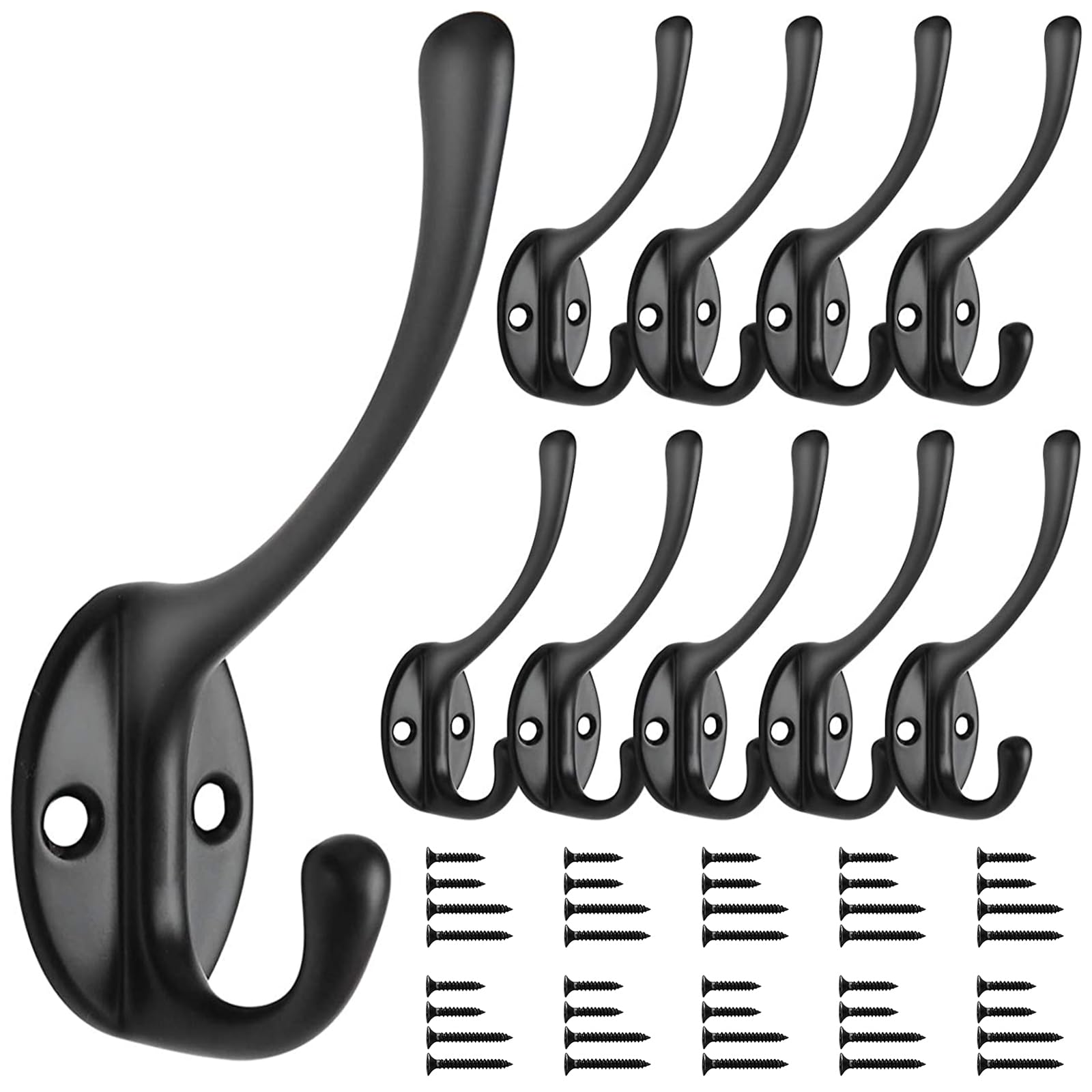 Bolatus Coat Hook Black Vintage, Antique Hat Wall Mounted Hook Heavy Duty Double Coat Hooks with 40 Screws for Bathroom Bedroom Fitting Room, 10 Pcs, Matte Finish