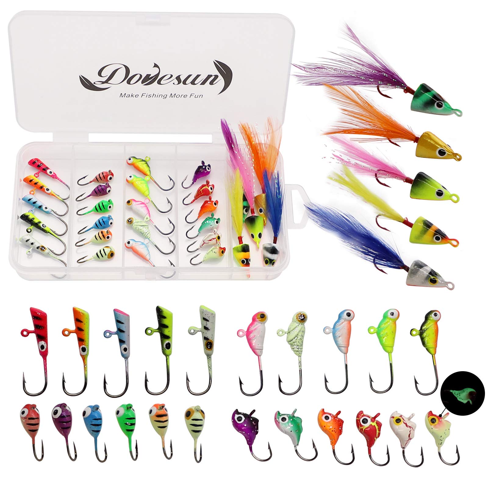 Dovesun Fishing Kit Ice Fishing Jigs Ice Fishing Lures Walleye Fishing Lures Crappie Jigs 28pcs/58pcs/34pcs