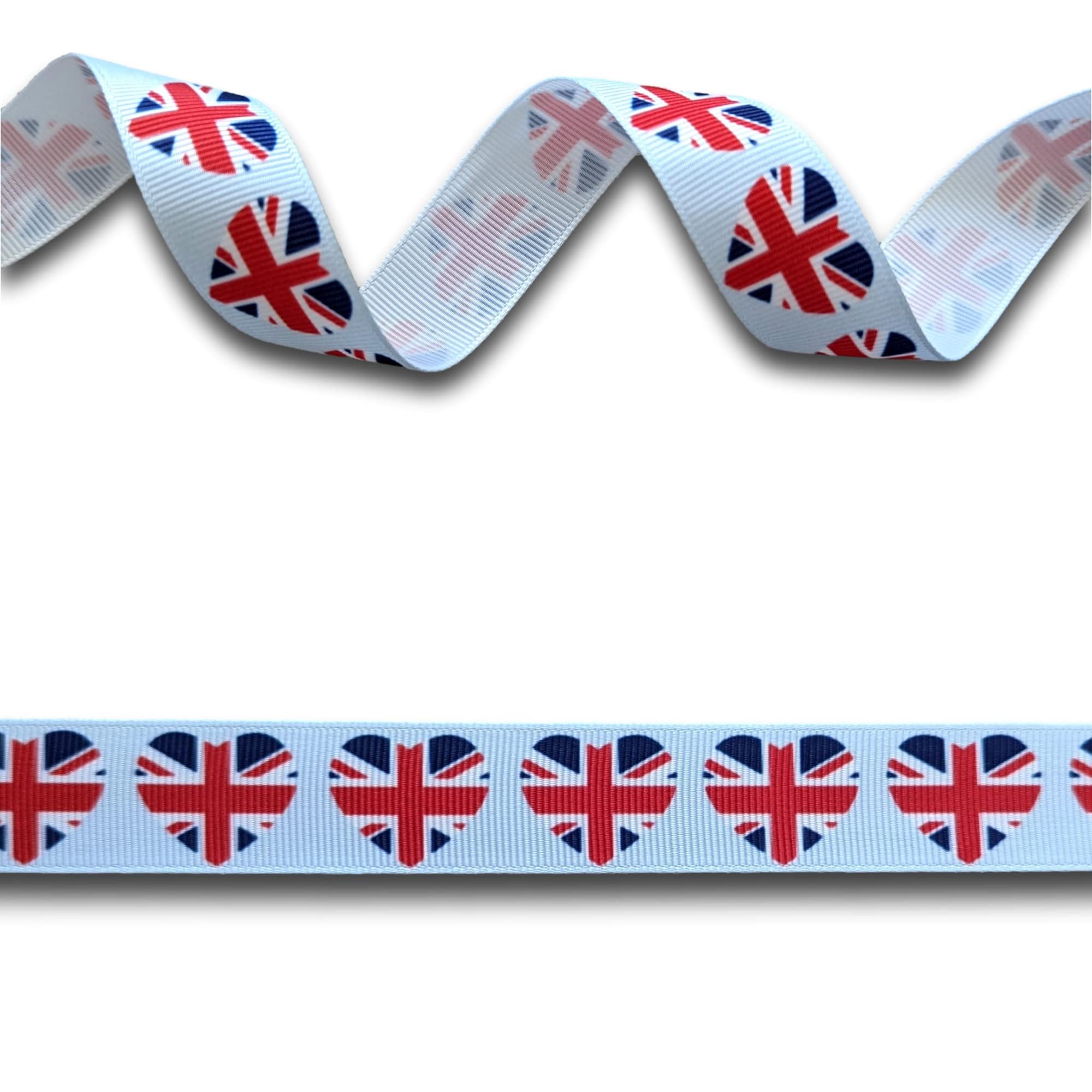 5 Yards (4.5 metres) Union Jack Flag Red White & Blue GB Love Heart Grosgrain Ribbon 22mm Wide, Ideal for Craft Projects, Scrapbooking, DIY Hair Bows, Present Wrapping etc.