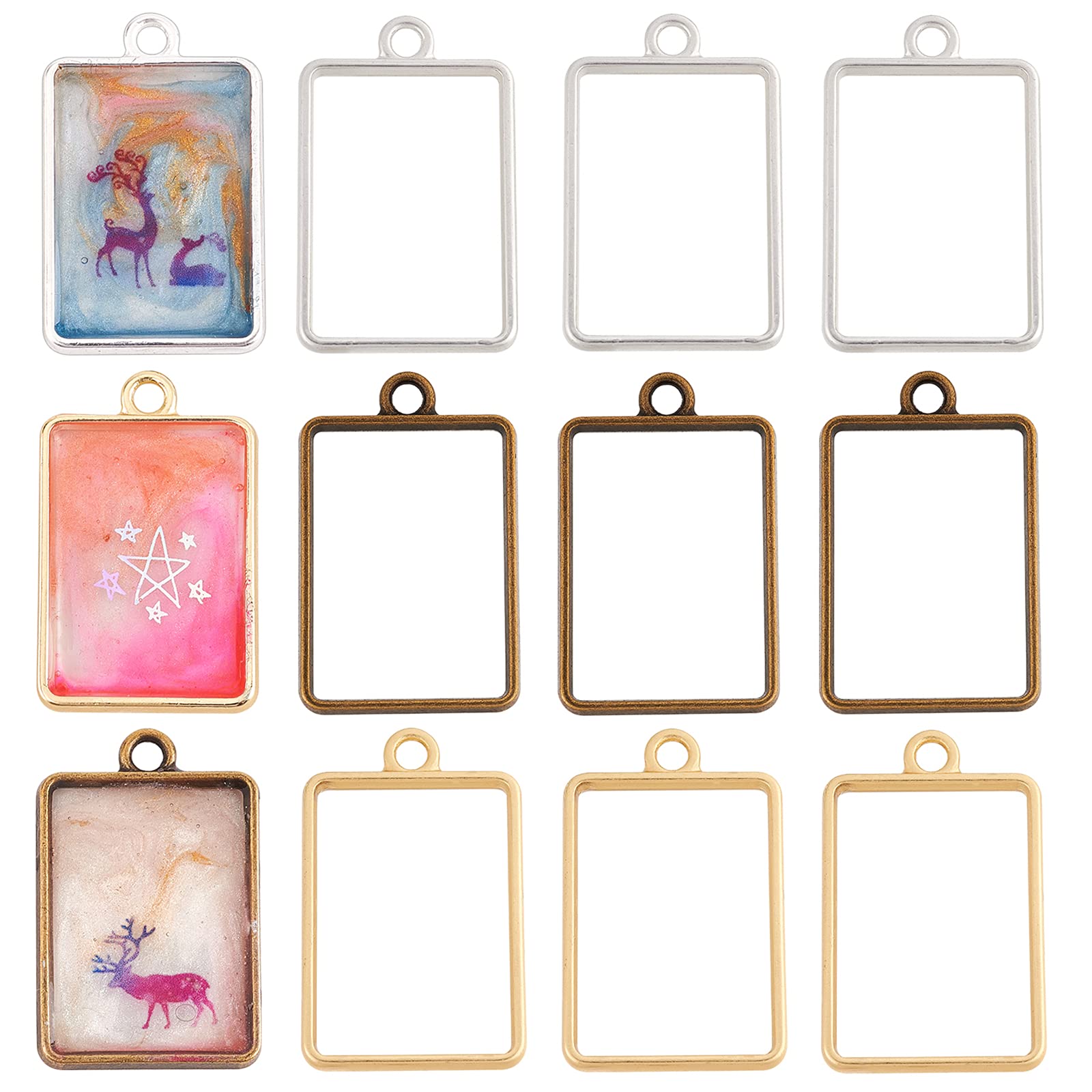 OLYCRAFT 30pcs Rectangle Open Bezel Charms 3-Color Alloy Frame Pendants Color-Lasting Hollow Resin Frames with Loop for Resin Jewelry Making