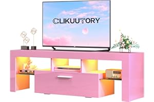 Clikuutory Pink LED TV Stand with Large Storage Drawer for 32 40 50 55 Inch TVs, Modern High Gloss TV Console Table with Entertainment Center for Living Room, Bedroom, Pink