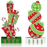Amyhill 2 Pcs Christmas Table Decorations 5.9 Inch Wooden Xmas Centerpieces Red Green Gifts Box and Ball Ornaments Shape Christmas Signs Tabletop with Bells for Table Shelf Fireplace Holiday