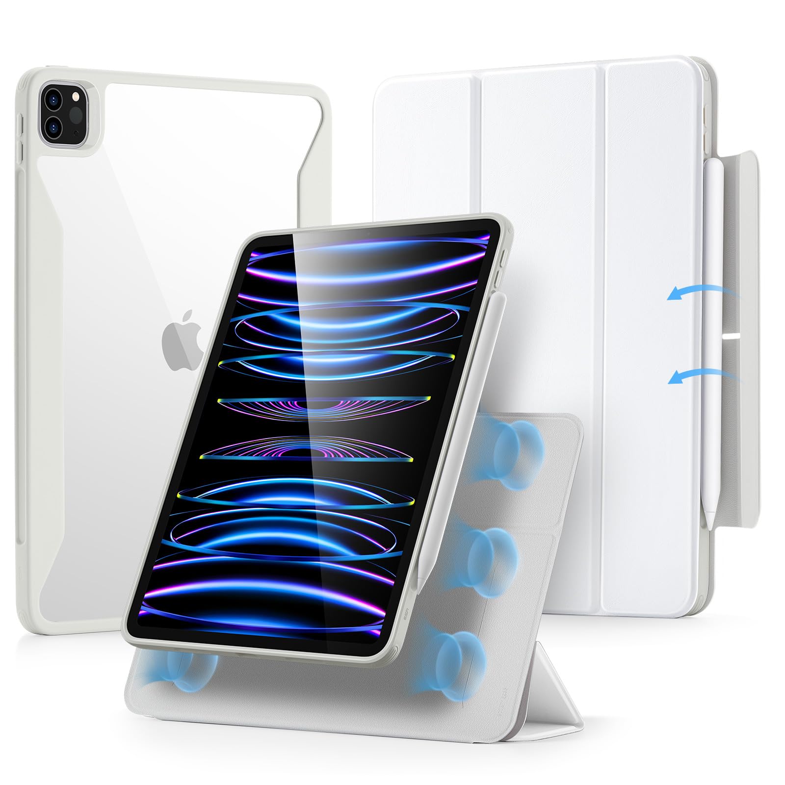 Photo 1 of ESR for iPad Pro 11 Inch Case (2022/2021/2020/2018, 4th/3rd/2nd/1st Generation) with Pencil Holder, Removable Magnetic Cover, Vertical Stand, Rebound 360 Series, Brilliant White