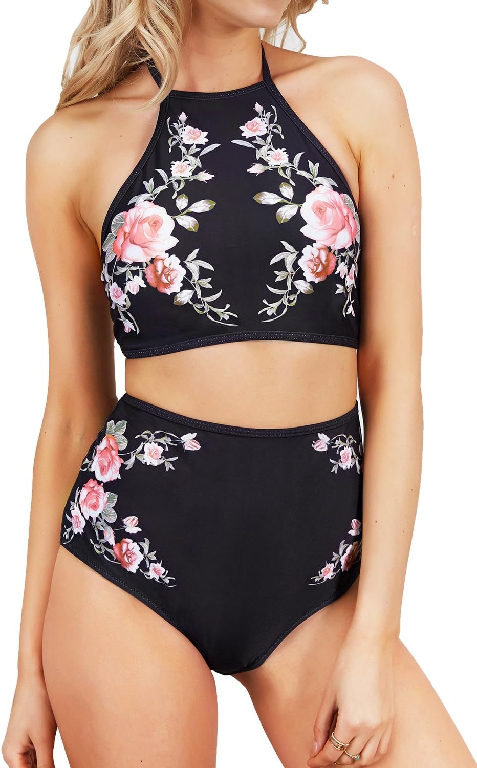 CUPSHE FASHION Women's Floral Printing Halter Padding Bikini Set Beach Bathing Suit, Black