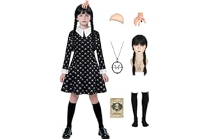 Enccfoeo Kids Halloween Costume Girls Black Dress Cosplay with Wig Socks Necklace Hairpin