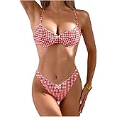 RoseSeek Women's Gingham High Cut Bikini Set 2 Piece Bowknot Spaghetti Strap Plaid Swimsuits Summer Beachwear