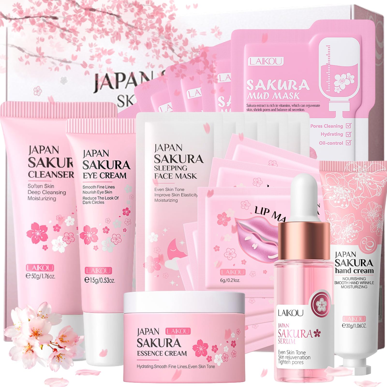 Sakura Skin Care Sets & Kits, Girls Pamper Set, Face Care Sets For Women, 20PCS Teenage Girls Gifts - Cleanser, Serum, Eye Cream, Face Cream, Hand Cream, Sleeping Mask, Mud Mask - Japanese Skincare — image 1