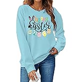 hohololo Women Happy Easter Sweatshirt Bunny Rabbit Graphic Shirt Cute Letter Printed Long Sleeve Pullover