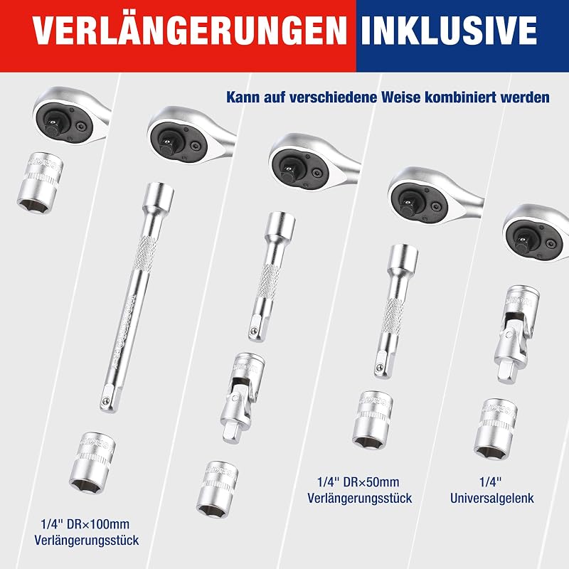 34-teiliger 1/4" Steckschlüsselsatz, Ratschensatz